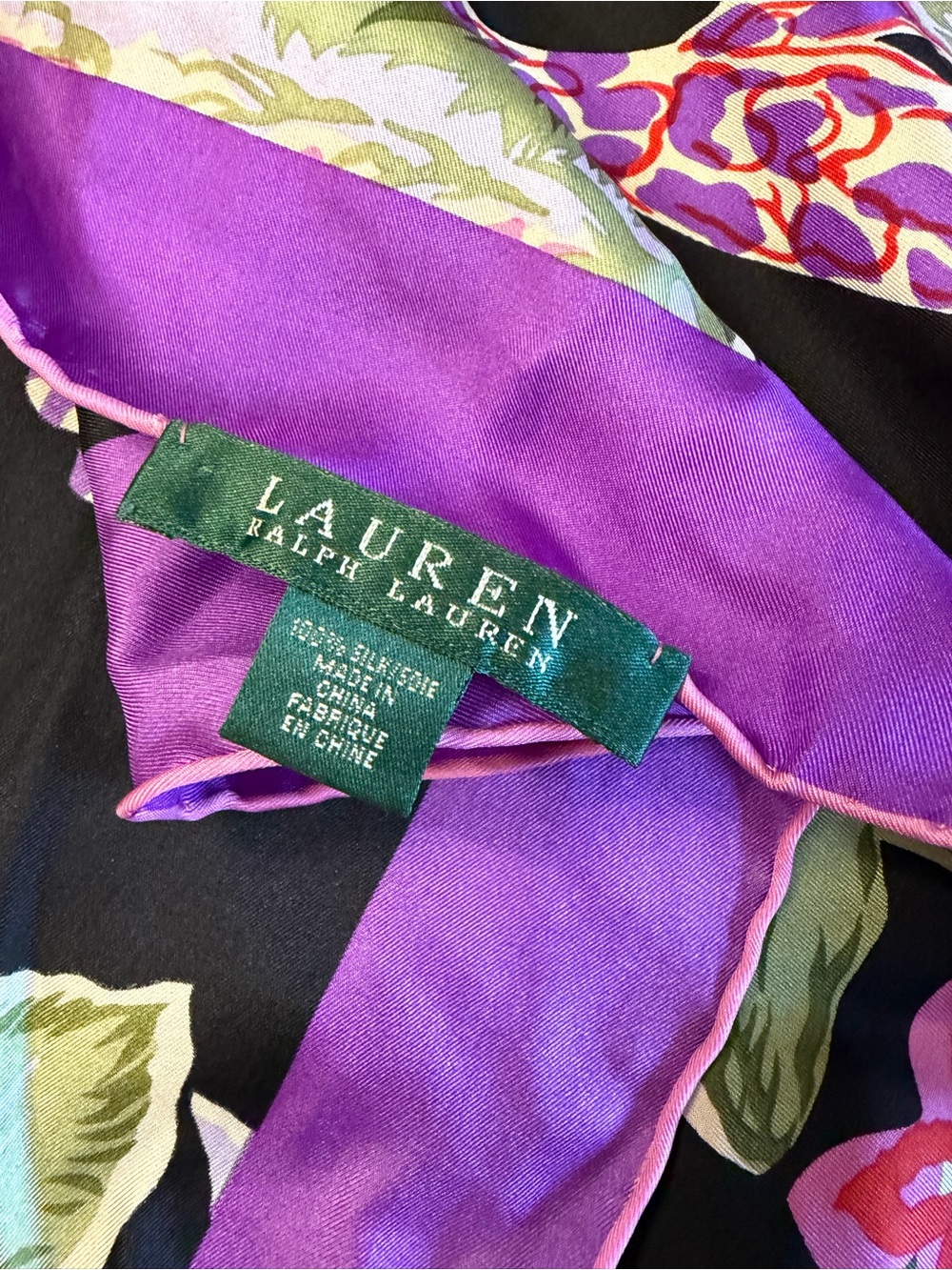 Vintage Ralph Lauren Black Tropical Birds Silk Scarf with Purple Border 90's - Picture 4 of 8